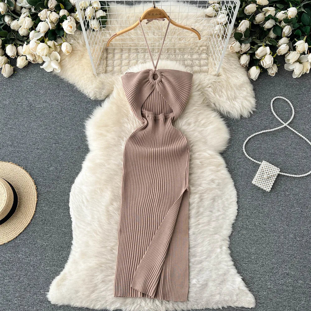 Chic Sexy Knitted Summer Dress with Hips Split Bodycon Fit for Women Elegant Party and Streetwear Outfits