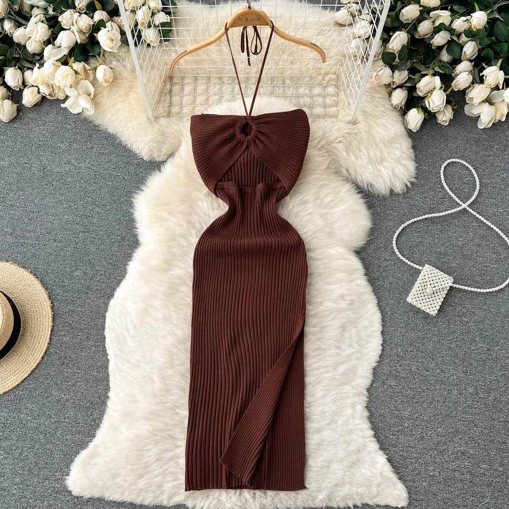 Chic Sexy Knitted Summer Dress with Hips Split Bodycon Fit for Women Elegant Party and Streetwear Outfits