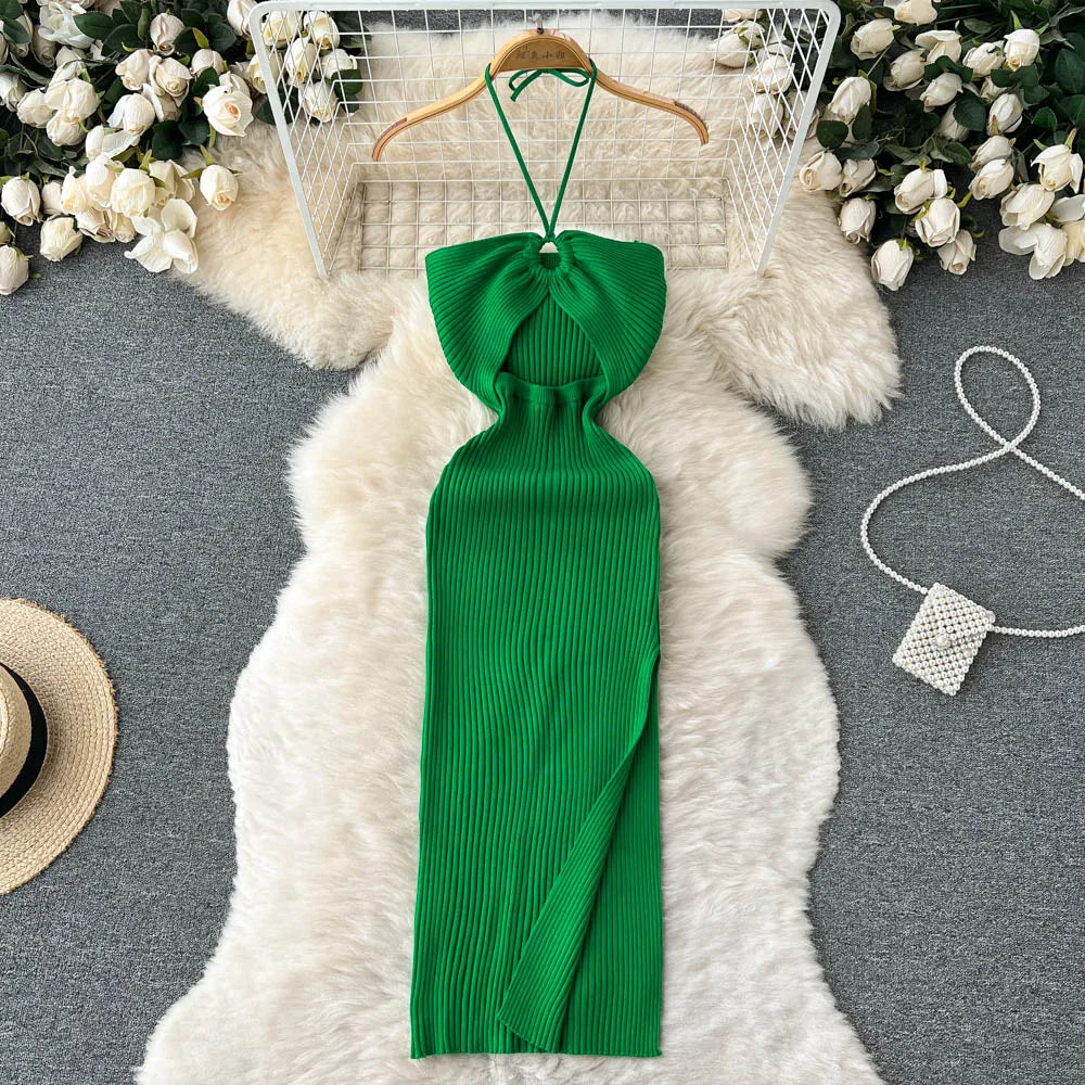Chic Sexy Knitted Summer Dress with Hips Split Bodycon Fit for Women Elegant Party and Streetwear Outfits