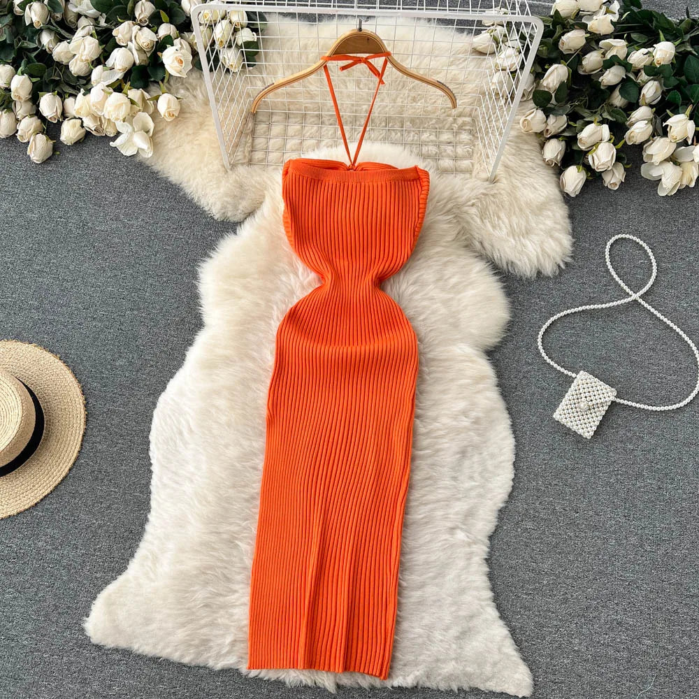 Chic Sexy Knitted Summer Dress with Hips Split Bodycon Fit for Women Elegant Party and Streetwear Outfits
