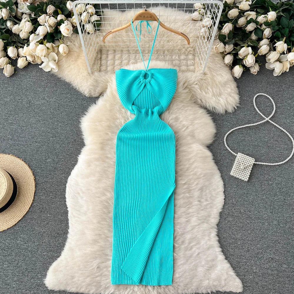 Chic Sexy Knitted Summer Dress with Hips Split Bodycon Fit for Women Elegant Party and Streetwear Outfits