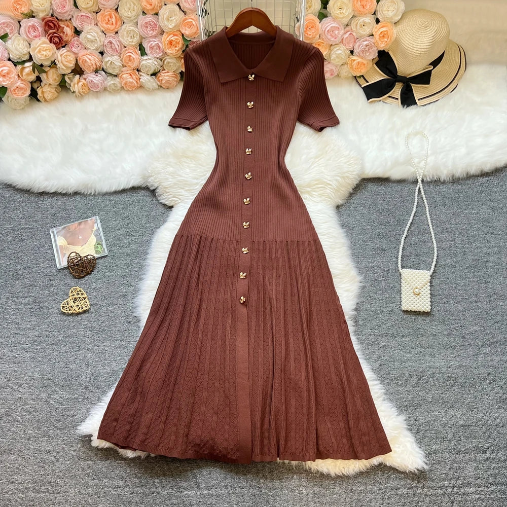 Elegant Patchwork Knitted Long Dress for Women with Luxurious Shirt and Sweater Style Perfect for Spring and Summer Lady Party Wear