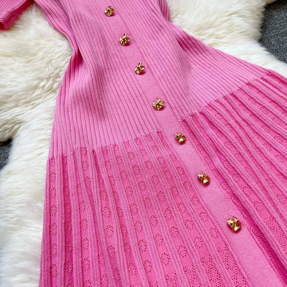 Elegant Patchwork Knitted Long Dress for Women with Luxurious Shirt and Sweater Style Perfect for Spring and Summer Lady Party Wear