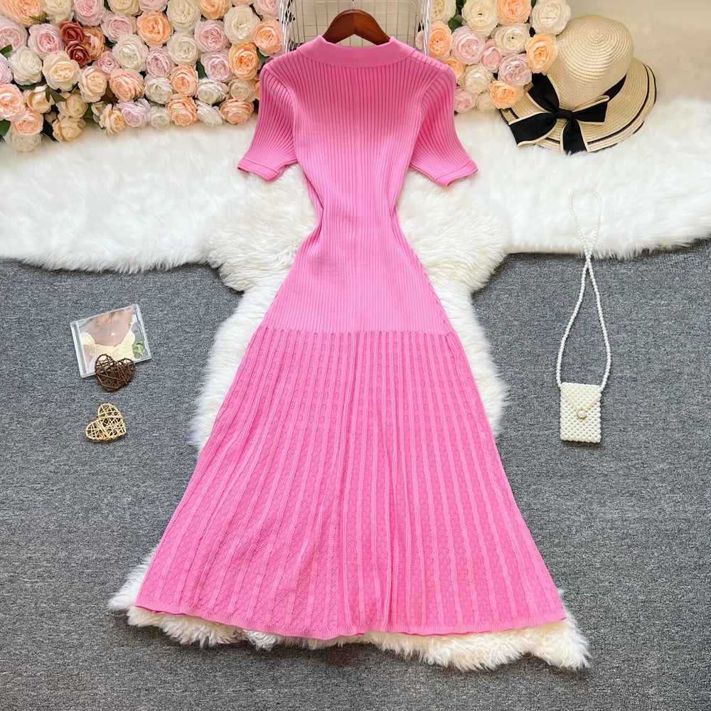 Elegant Patchwork Knitted Long Dress for Women with Luxurious Shirt and Sweater Style Perfect for Spring and Summer Lady Party Wear