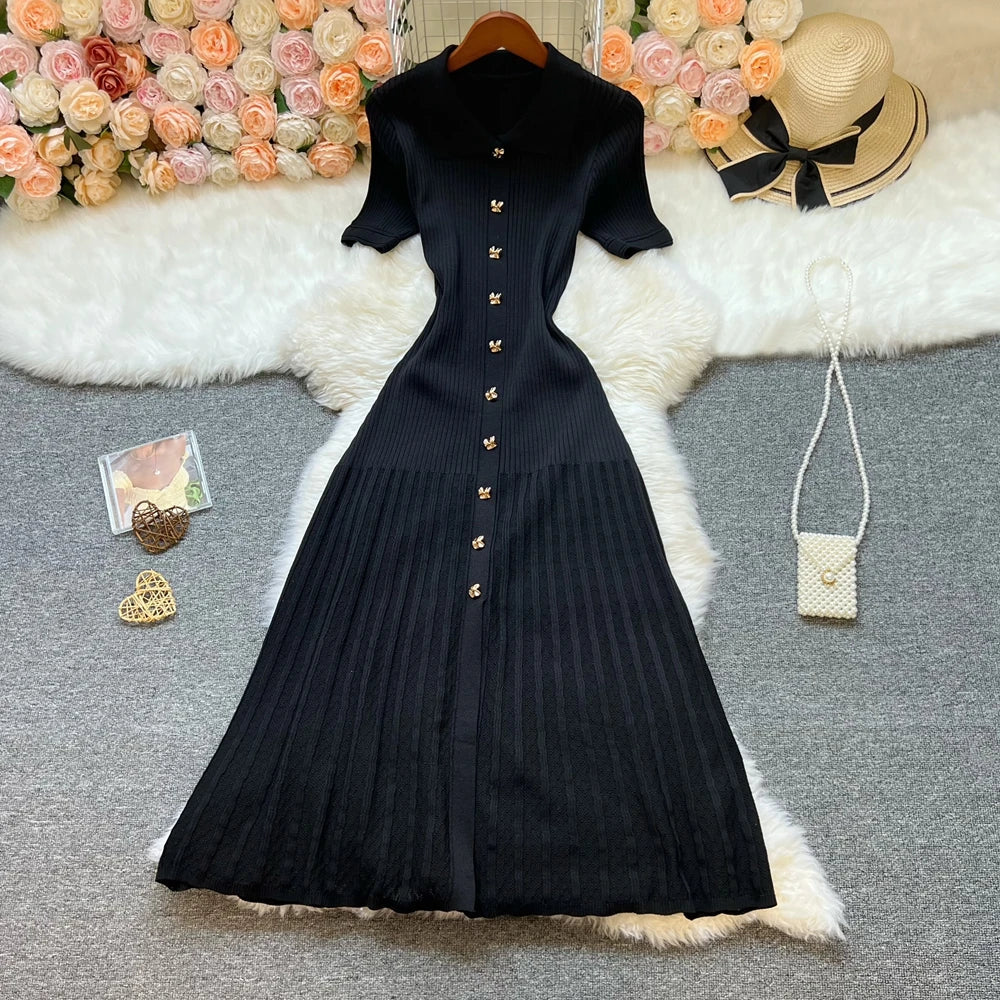 Elegant Patchwork Knitted Long Dress for Women with Luxurious Shirt and Sweater Style Perfect for Spring and Summer Lady Party Wear