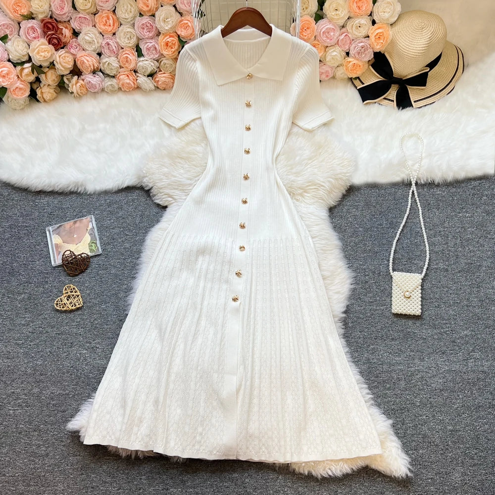 Elegant Patchwork Knitted Long Dress for Women with Luxurious Shirt and Sweater Style Perfect for Spring and Summer Lady Party Wear