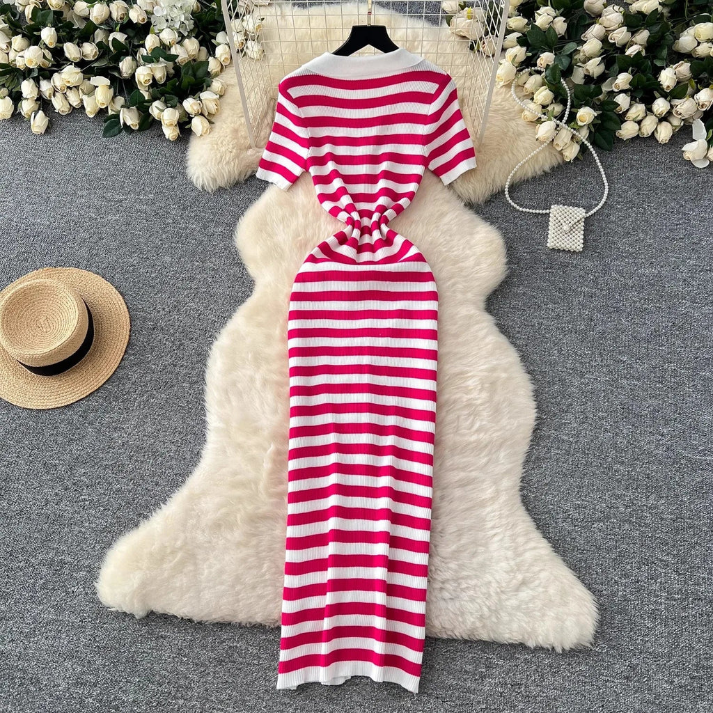 Chic Women's Sexy Wrap Hips Knitted Maxi Dress with Stripes and Single-Breasted Design for Summer Casual Streetwear