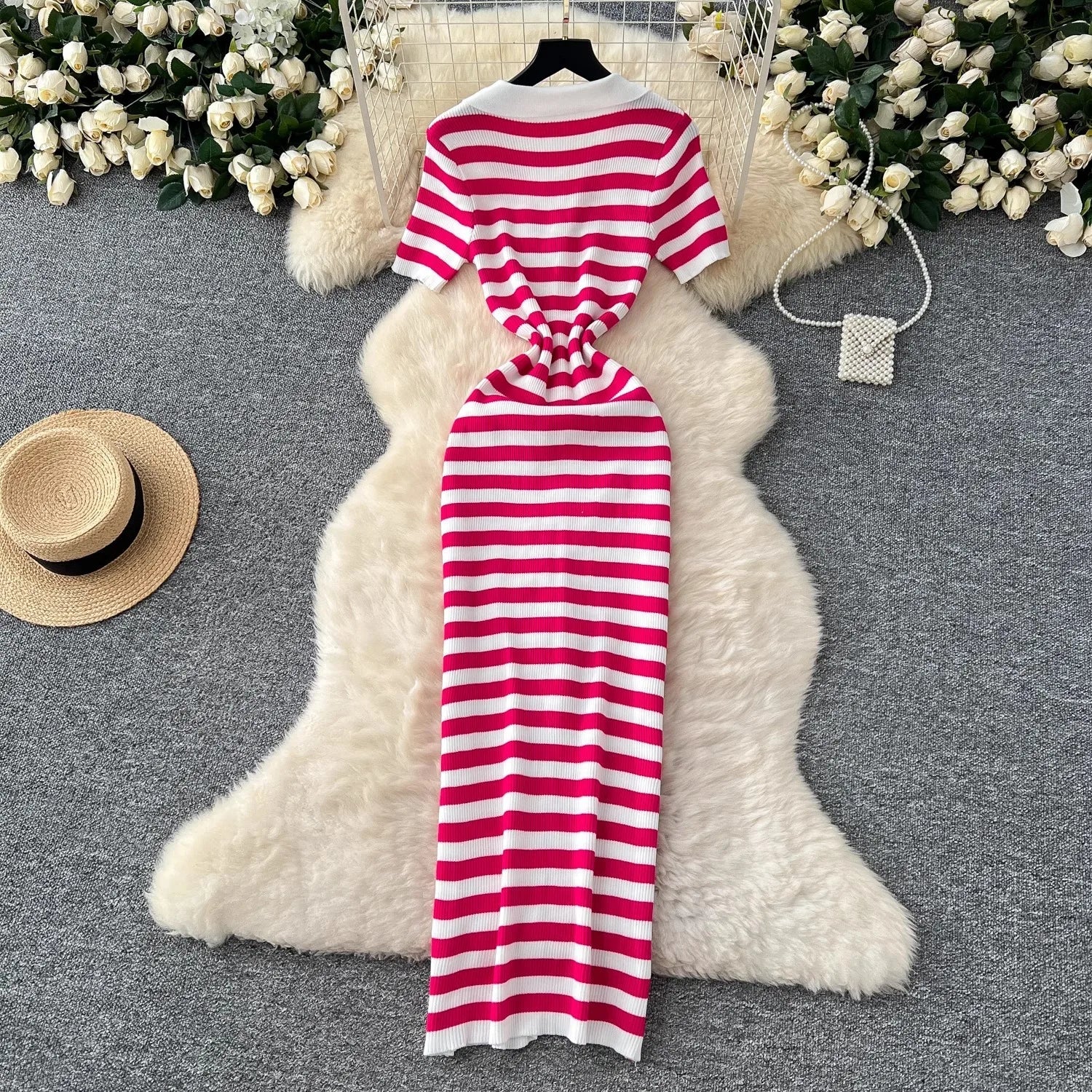 Chic Women's Sexy Wrap Hips Knitted Maxi Dress with Stripes and Single-Breasted Design for Summer Casual Streetwear
