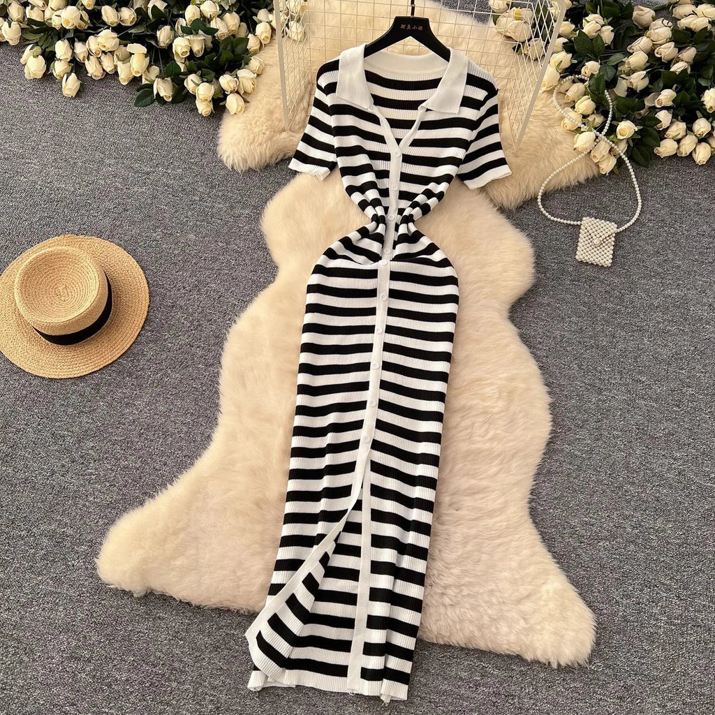 Chic Women's Sexy Wrap Hips Knitted Maxi Dress with Stripes and Single-Breasted Design for Summer Casual Streetwear