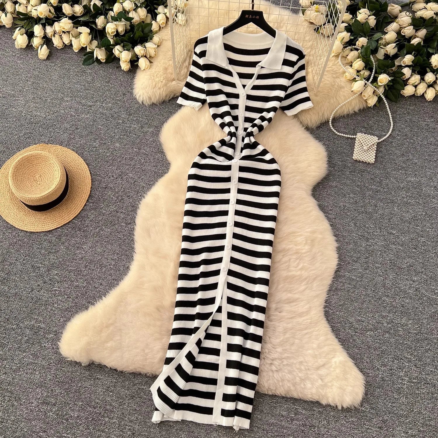 Chic Women's Sexy Wrap Hips Knitted Maxi Dress with Stripes and Single-Breasted Design for Summer Casual Streetwear