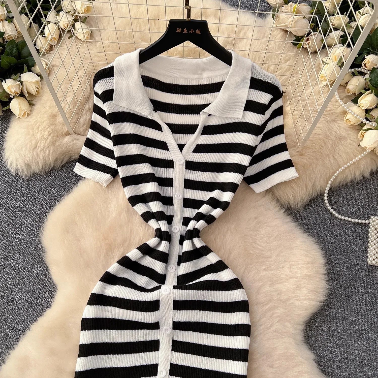 Chic Women's Sexy Wrap Hips Knitted Maxi Dress with Stripes and Single-Breasted Design for Summer Casual Streetwear