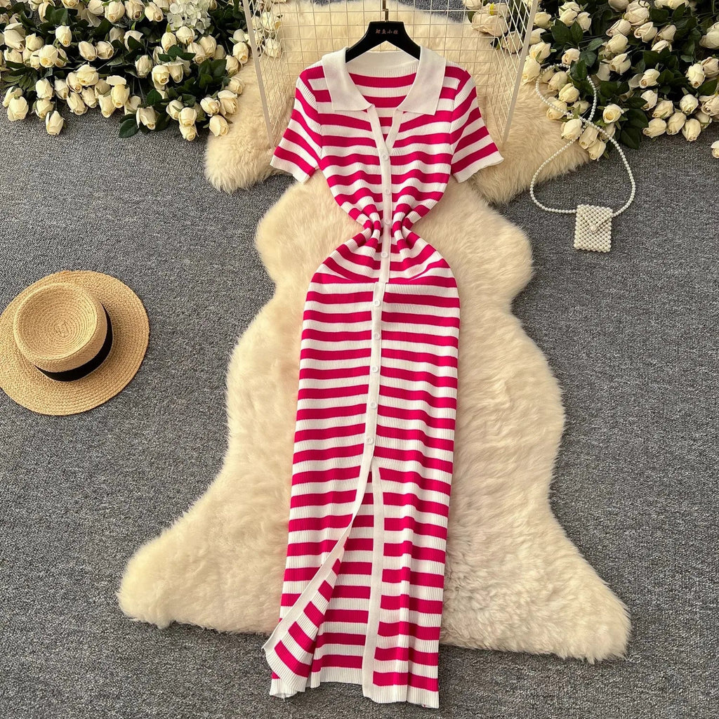 Chic Women's Sexy Wrap Hips Knitted Maxi Dress with Stripes and Single-Breasted Design for Summer Casual Streetwear