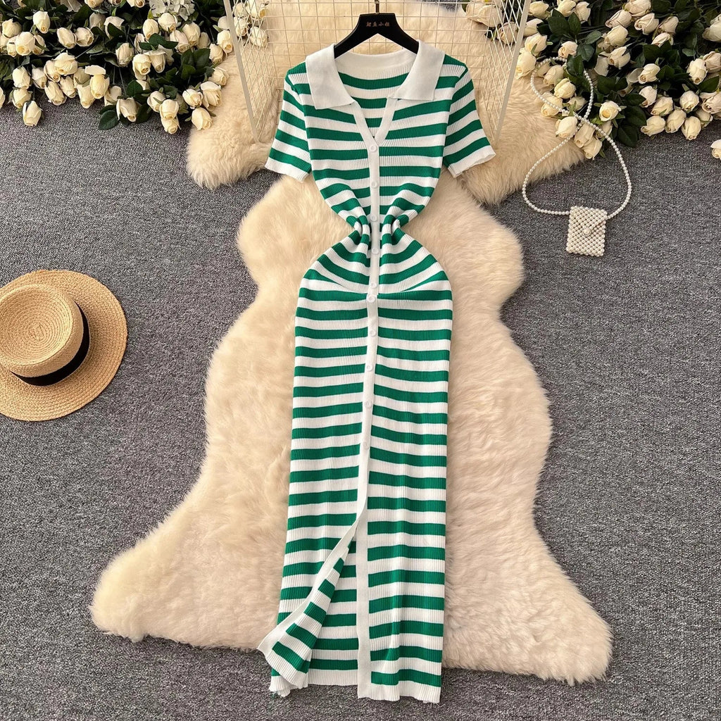 Chic Women's Sexy Wrap Hips Knitted Maxi Dress with Stripes and Single-Breasted Design for Summer Casual Streetwear