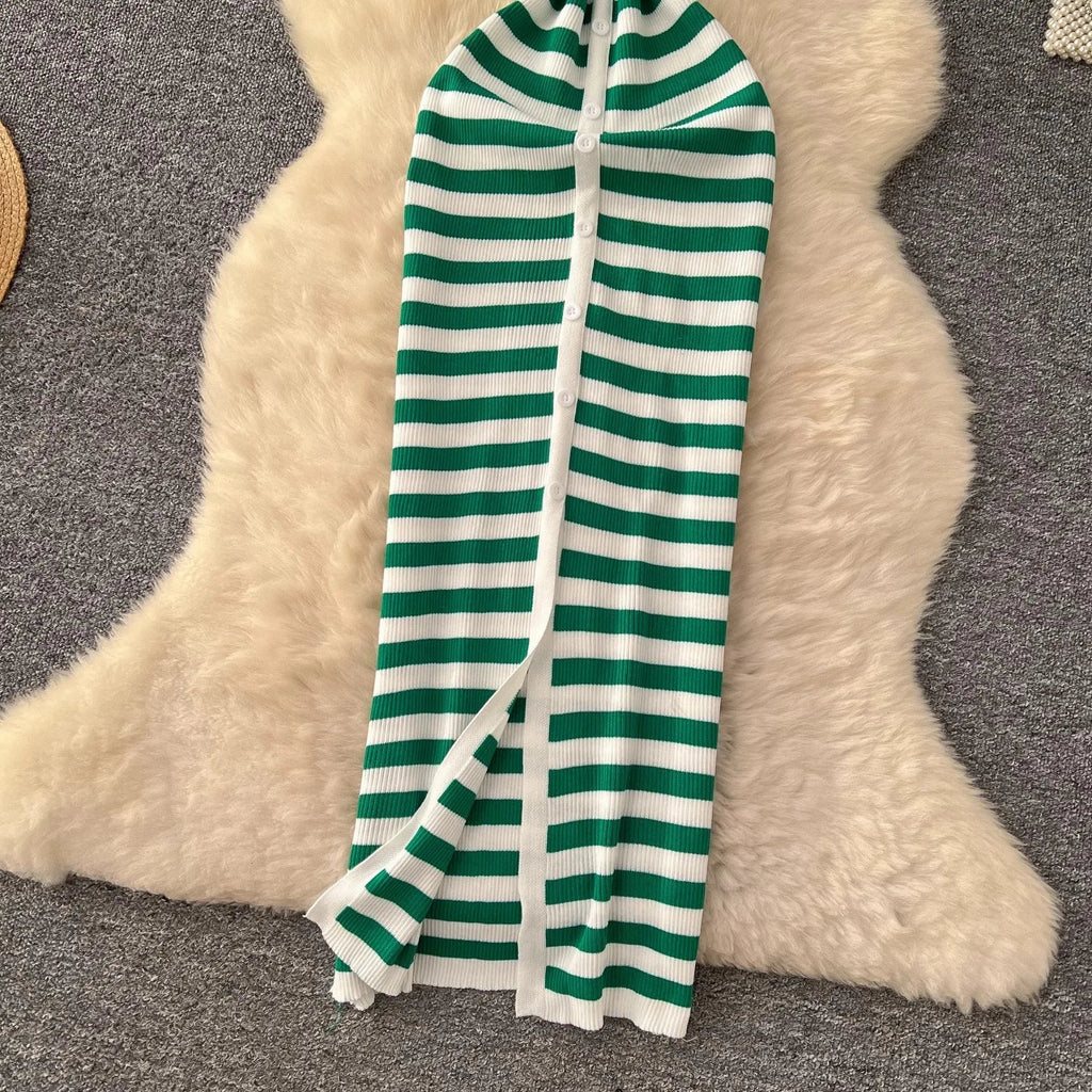 Chic Women's Sexy Wrap Hips Knitted Maxi Dress with Stripes and Single-Breasted Design for Summer Casual Streetwear