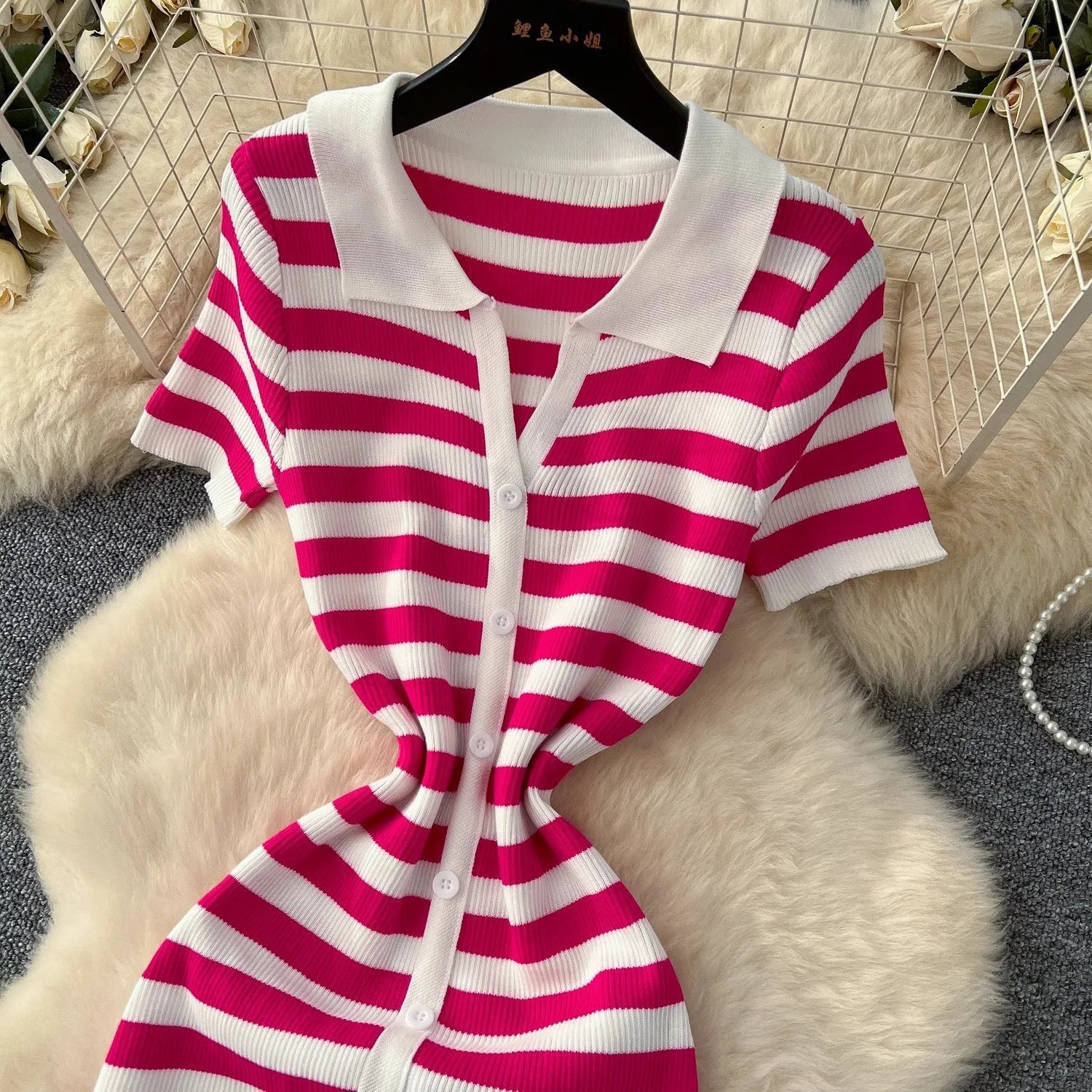 Chic Women's Sexy Wrap Hips Knitted Maxi Dress with Stripes and Single-Breasted Design for Summer Casual Streetwear