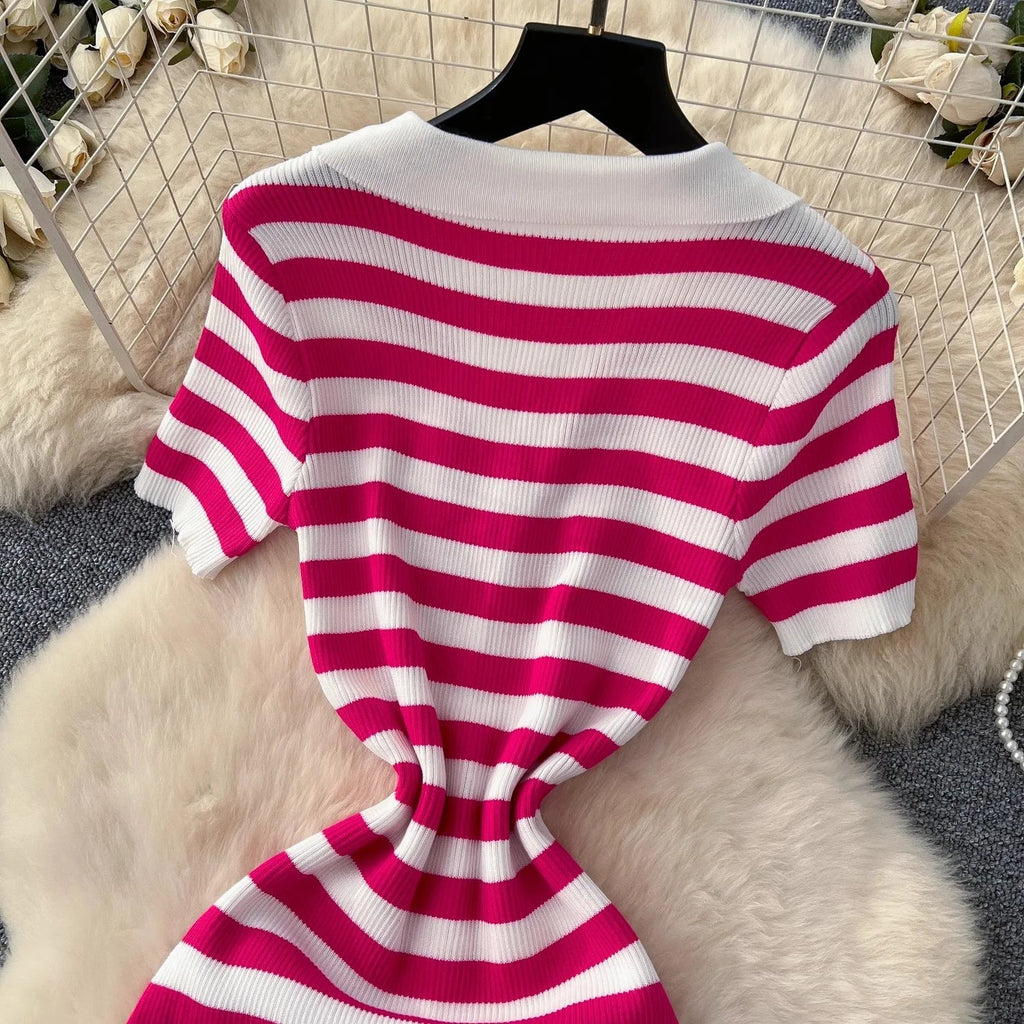 Chic Women's Sexy Wrap Hips Knitted Maxi Dress with Stripes and Single-Breasted Design for Summer Casual Streetwear