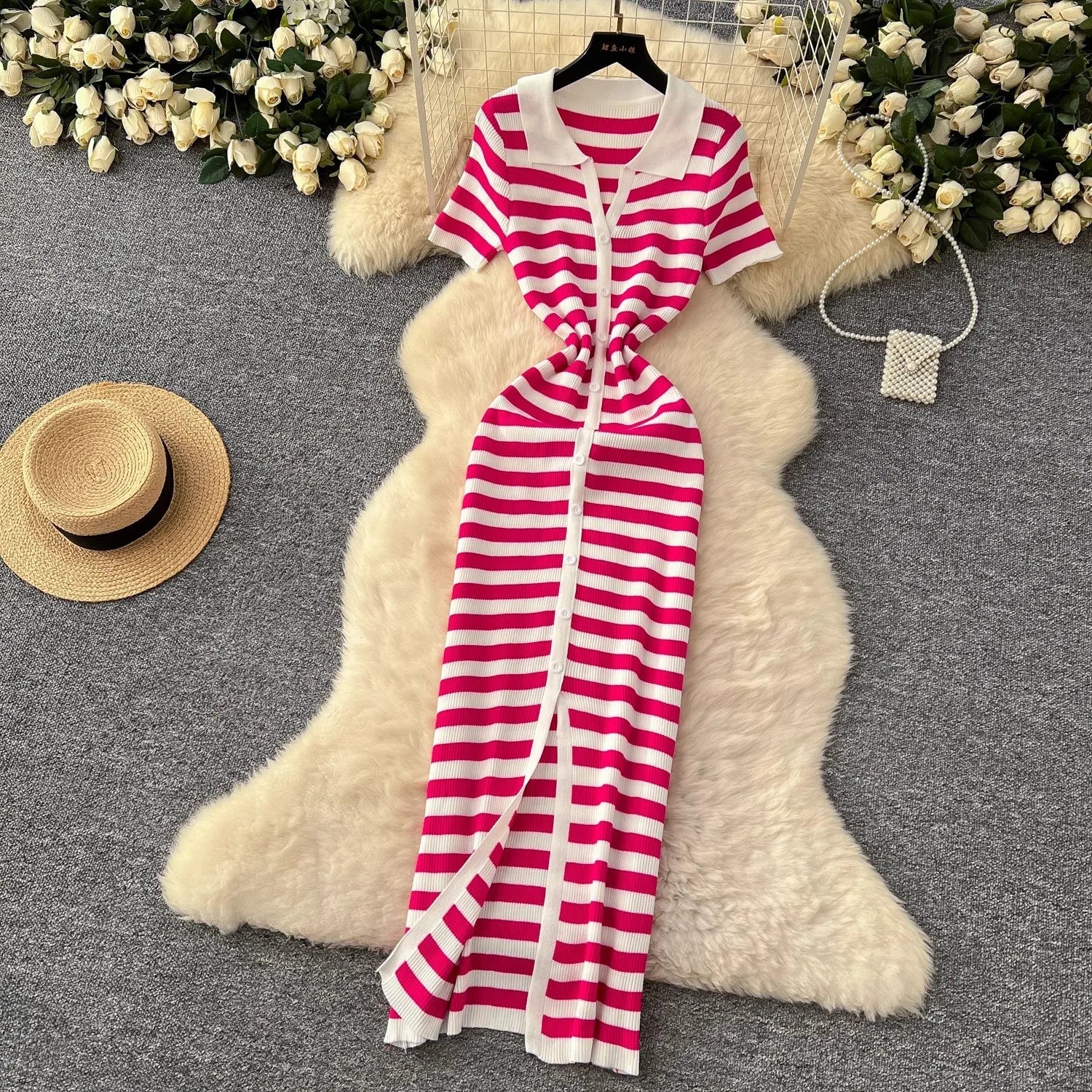 Chic Women's Sexy Wrap Hips Knitted Maxi Dress with Stripes and Single-Breasted Design for Summer Casual Streetwear