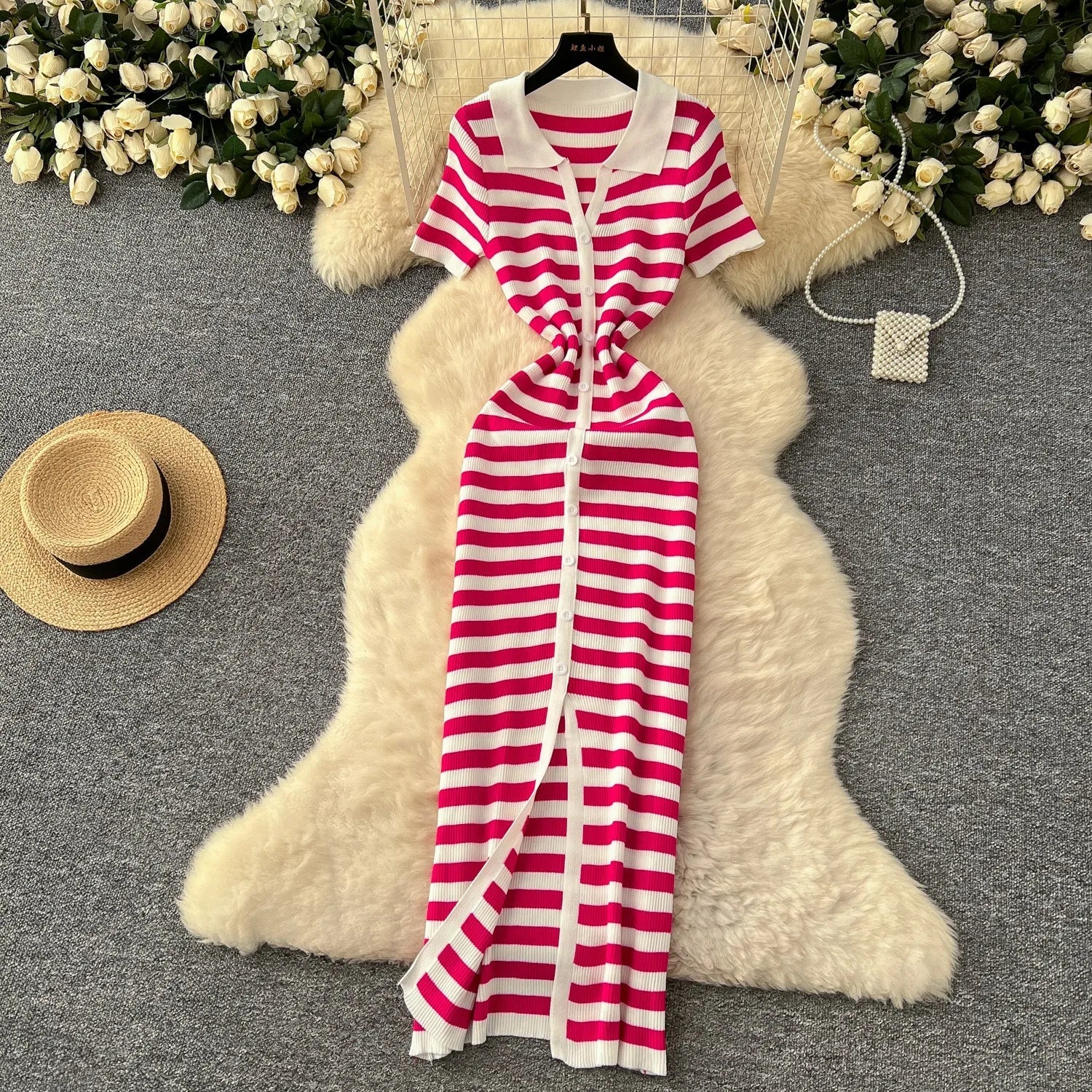 Chic Women's Sexy Wrap Hips Knitted Maxi Dress with Stripes and Single-Breasted Design for Summer Casual Streetwear