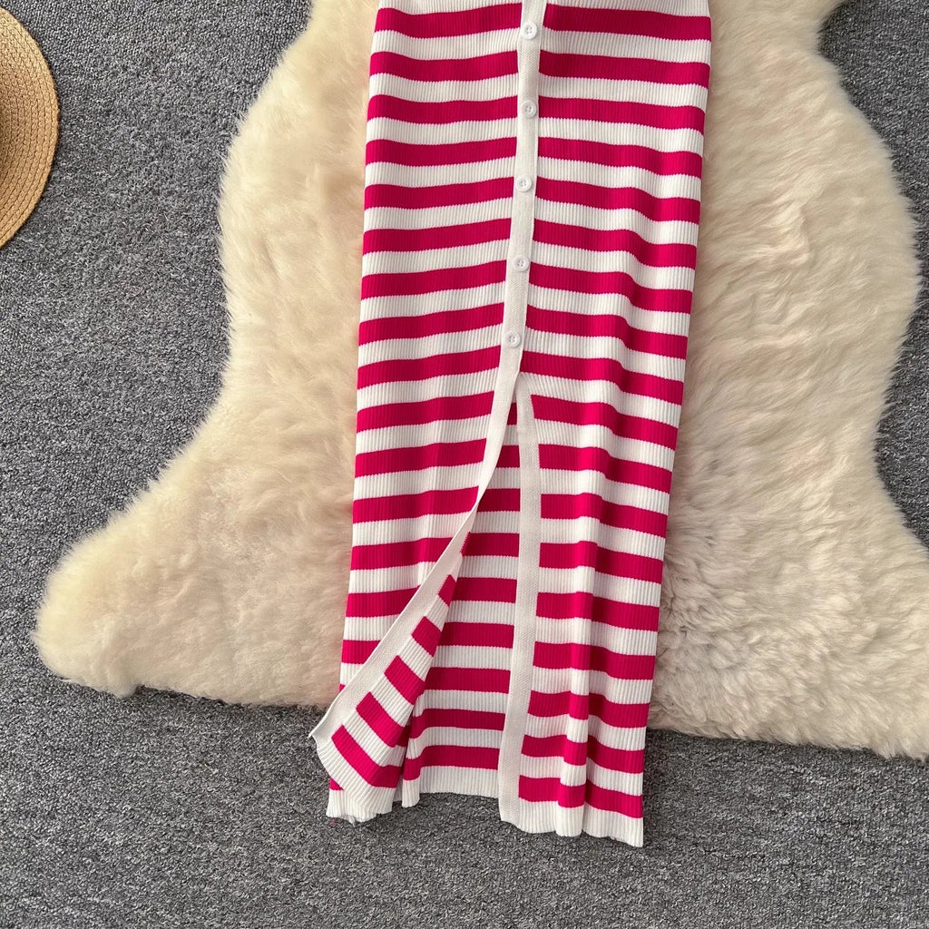 Chic Women's Sexy Wrap Hips Knitted Maxi Dress with Stripes and Single-Breasted Design for Summer Casual Streetwear