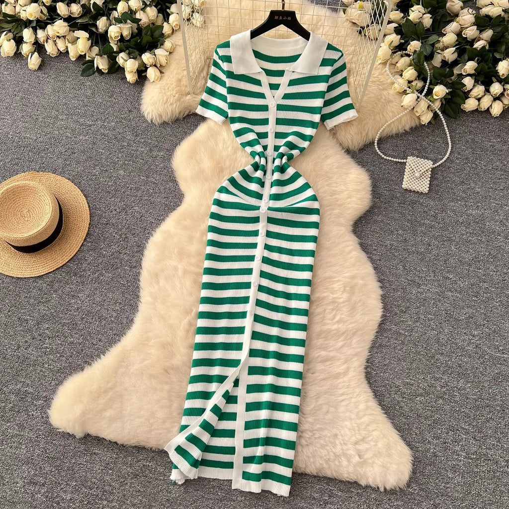 Chic Women's Sexy Wrap Hips Knitted Maxi Dress with Stripes and Single-Breasted Design for Summer Casual Streetwear