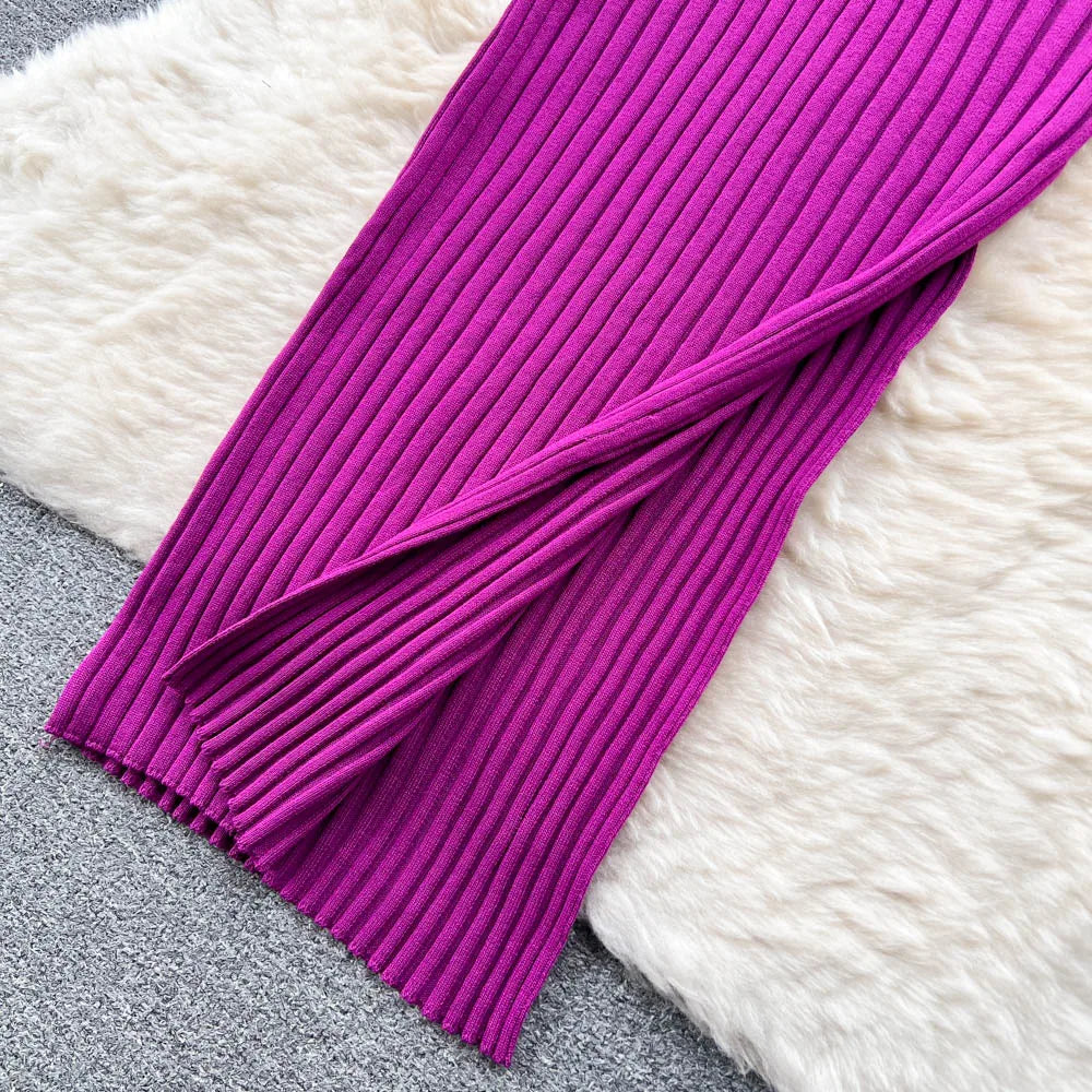 Chic Sexy Wrap Hips Split Knitted Autumn Dress for Women Slim Elastic Bodycon Long Streetwear Outfits