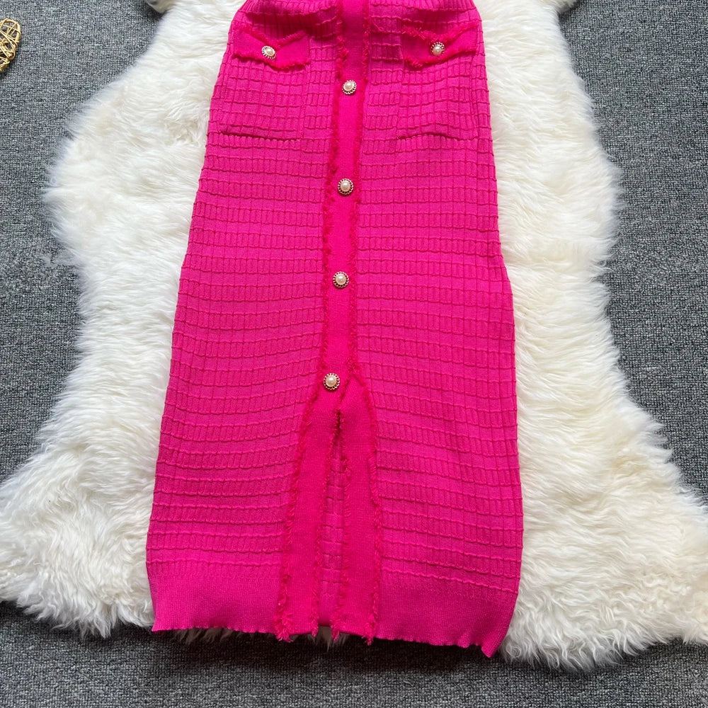 Chic Bodycon Knitted Sweater Dress for Women with V-Neck and Single-Breasted Design Elegant Office Lady Vestidos with Curved Hips