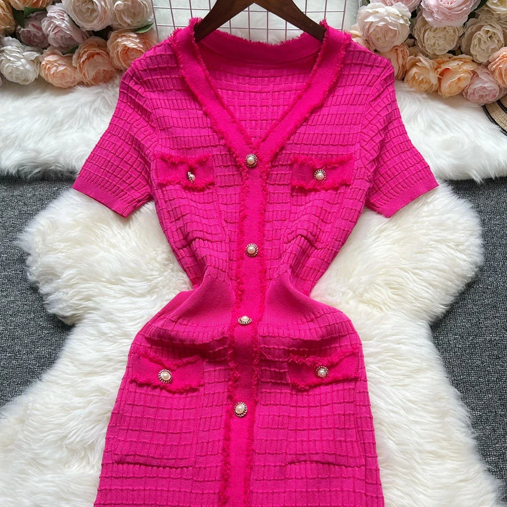 Chic Bodycon Knitted Sweater Dress for Women with V-Neck and Single-Breasted Design Elegant Office Lady Vestidos with Curved Hips