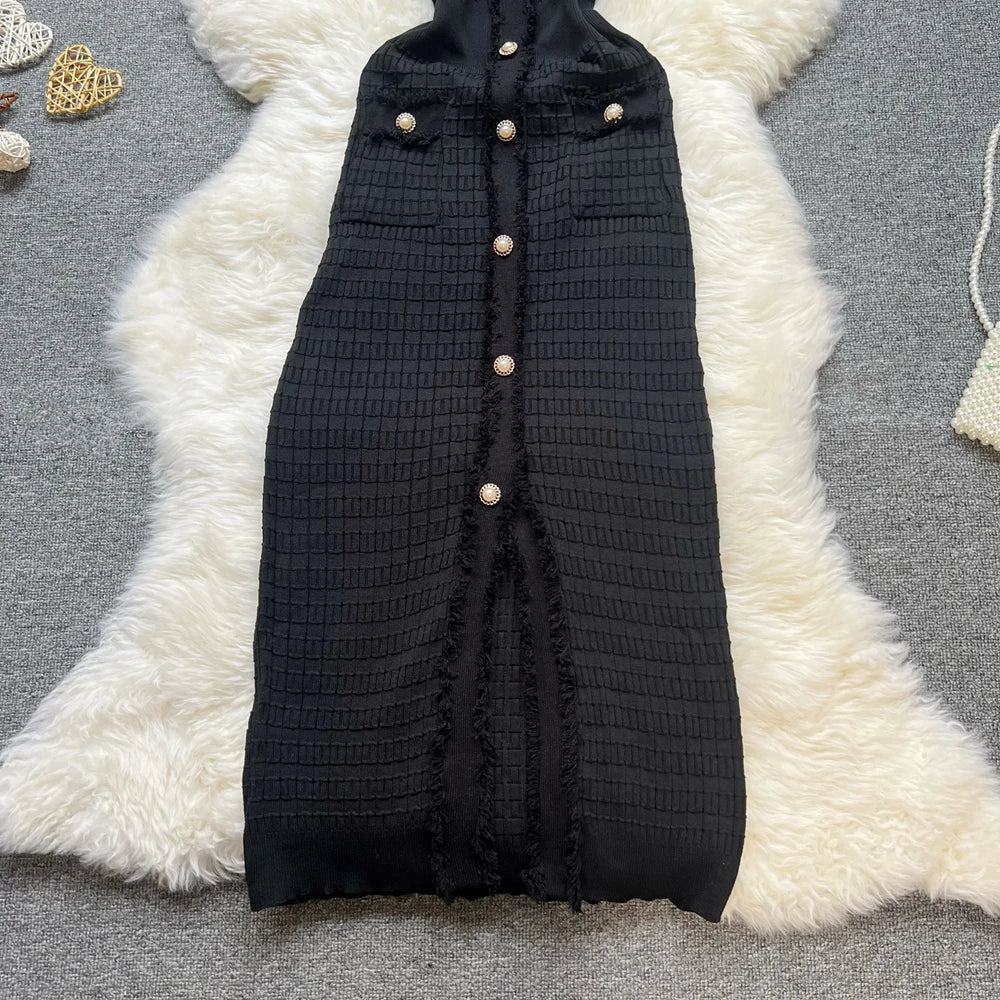 Chic Bodycon Knitted Sweater Dress for Women with V-Neck and Single-Breasted Design Elegant Office Lady Vestidos with Curved Hips