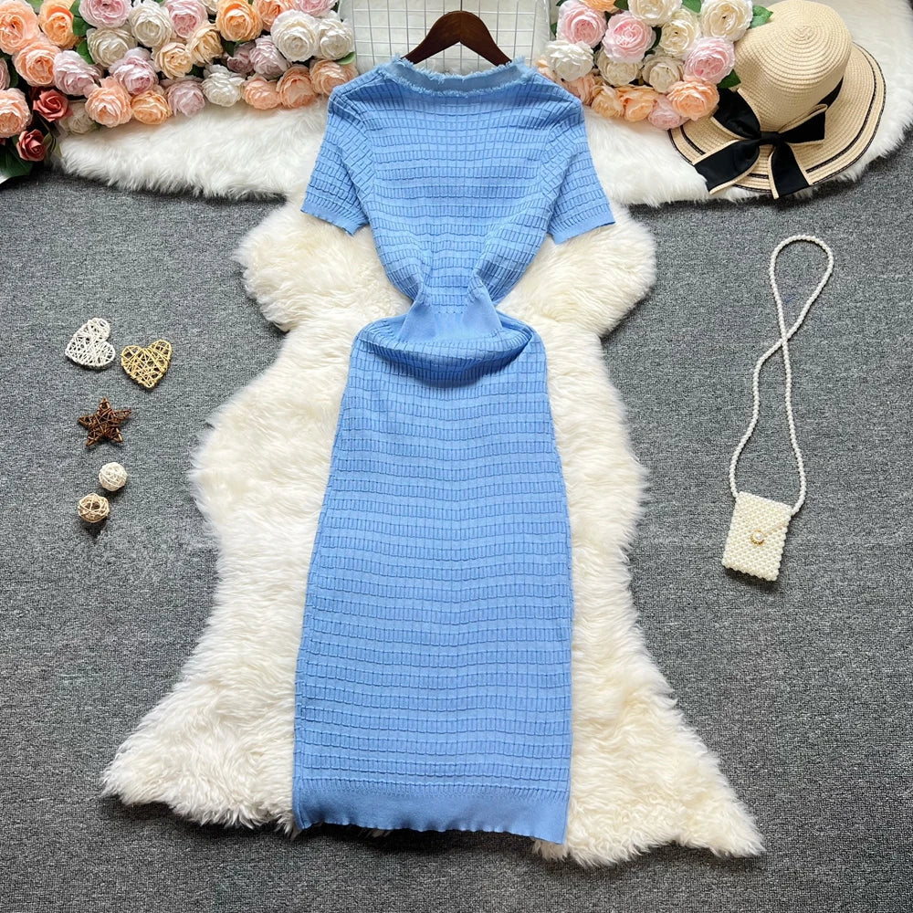 Chic Bodycon Knitted Sweater Dress for Women with V-Neck and Single-Breasted Design Elegant Office Lady Vestidos with Curved Hips