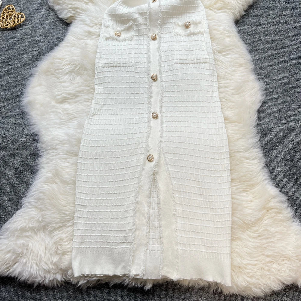 Chic Bodycon Knitted Sweater Dress for Women with V-Neck and Single-Breasted Design Elegant Office Lady Vestidos with Curved Hips