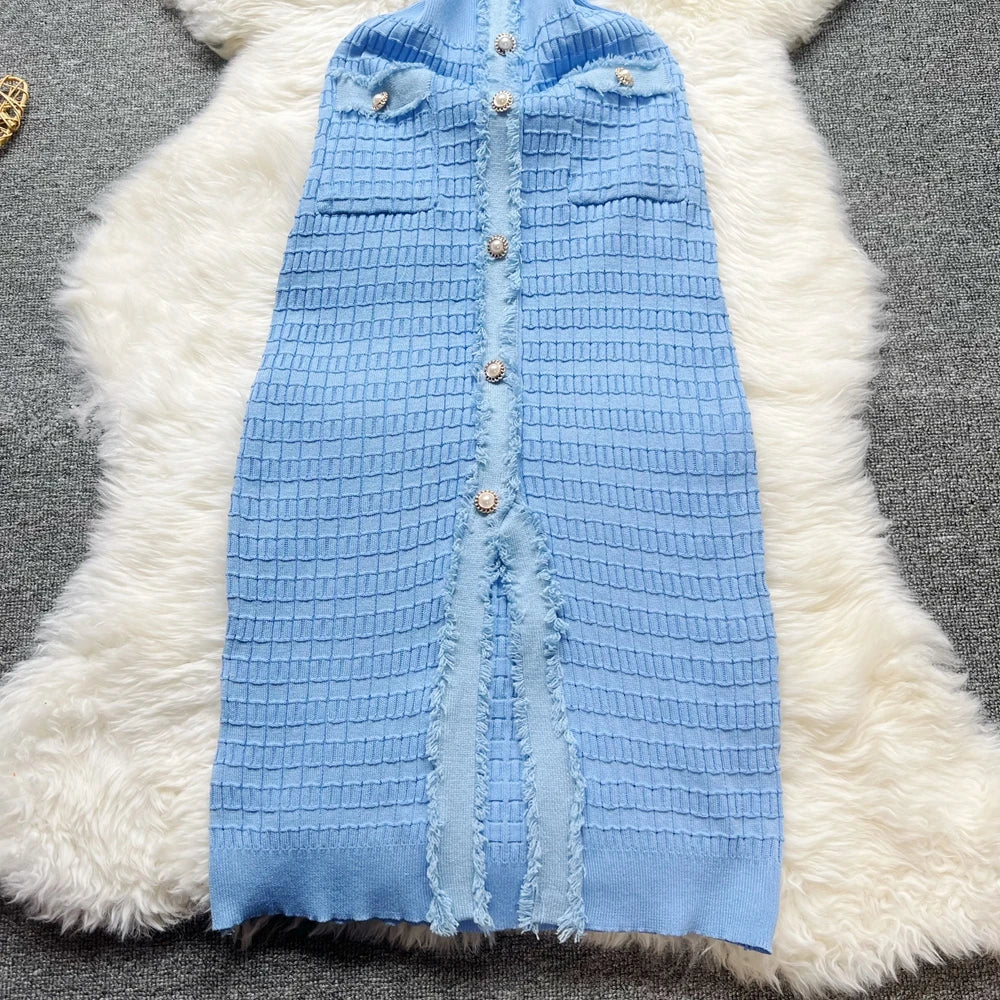 Chic Bodycon Knitted Sweater Dress for Women with V-Neck and Single-Breasted Design Elegant Office Lady Vestidos with Curved Hips