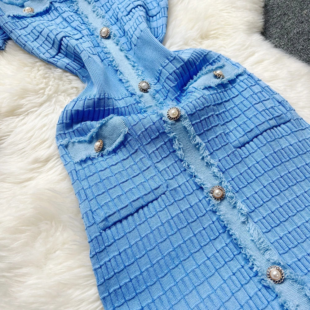 Chic Bodycon Knitted Sweater Dress for Women with V-Neck and Single-Breasted Design Elegant Office Lady Vestidos with Curved Hips