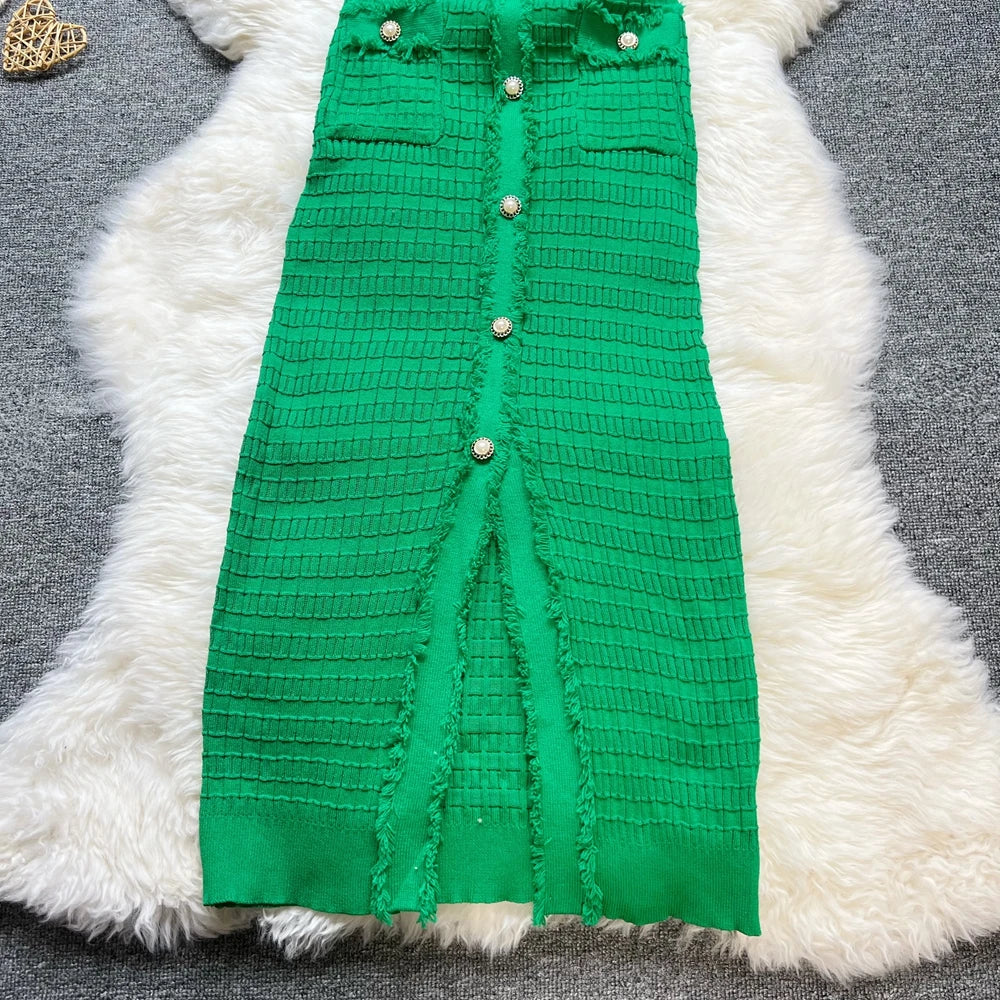 Chic Bodycon Knitted Sweater Dress for Women with V-Neck and Single-Breasted Design Elegant Office Lady Vestidos with Curved Hips