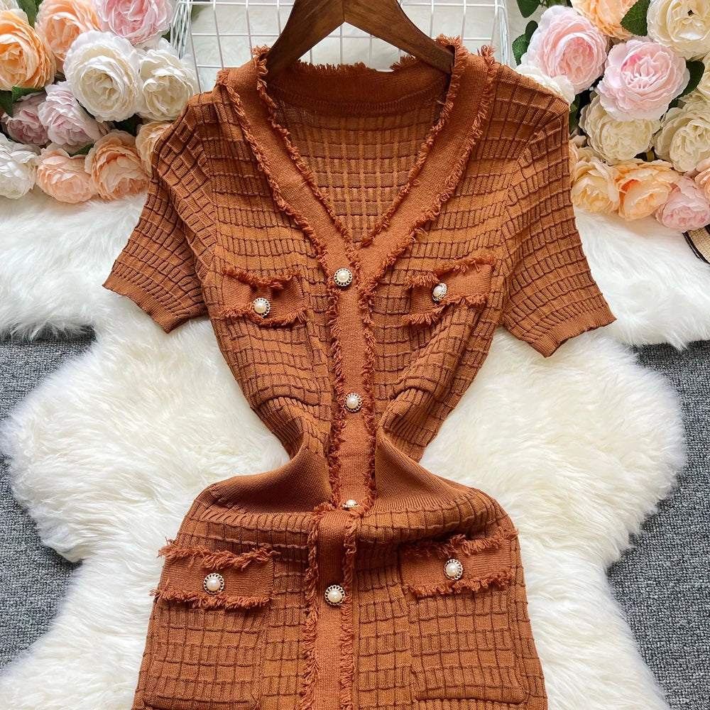 Chic Bodycon Knitted Sweater Dress for Women with V-Neck and Single-Breasted Design Elegant Office Lady Vestidos with Curved Hips