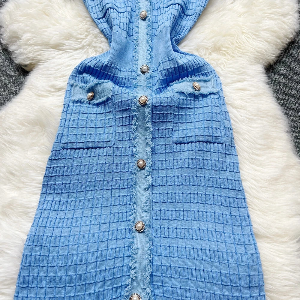 Chic Bodycon Knitted Sweater Dress for Women with V-Neck and Single-Breasted Design Elegant Office Lady Vestidos with Curved Hips