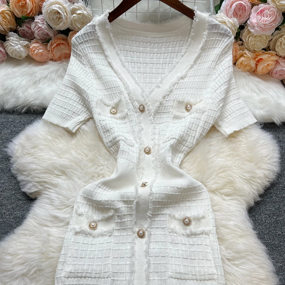 Chic Bodycon Knitted Sweater Dress for Women with V-Neck and Single-Breasted Design Elegant Office Lady Vestidos with Curved Hips