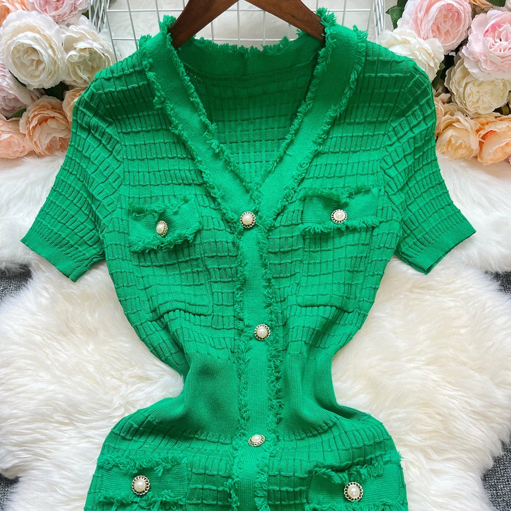 Chic Bodycon Knitted Sweater Dress for Women with V-Neck and Single-Breasted Design Elegant Office Lady Vestidos with Curved Hips