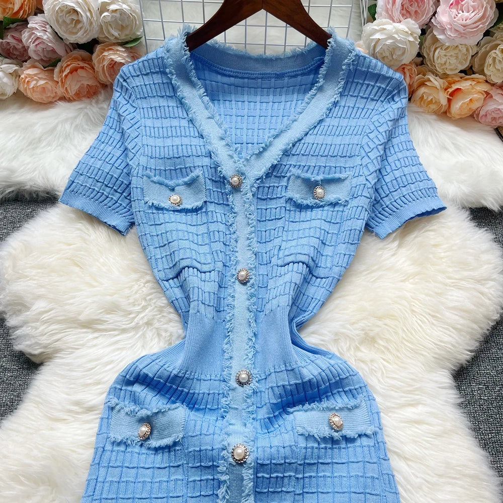 Chic Bodycon Knitted Sweater Dress for Women with V-Neck and Single-Breasted Design Elegant Office Lady Vestidos with Curved Hips