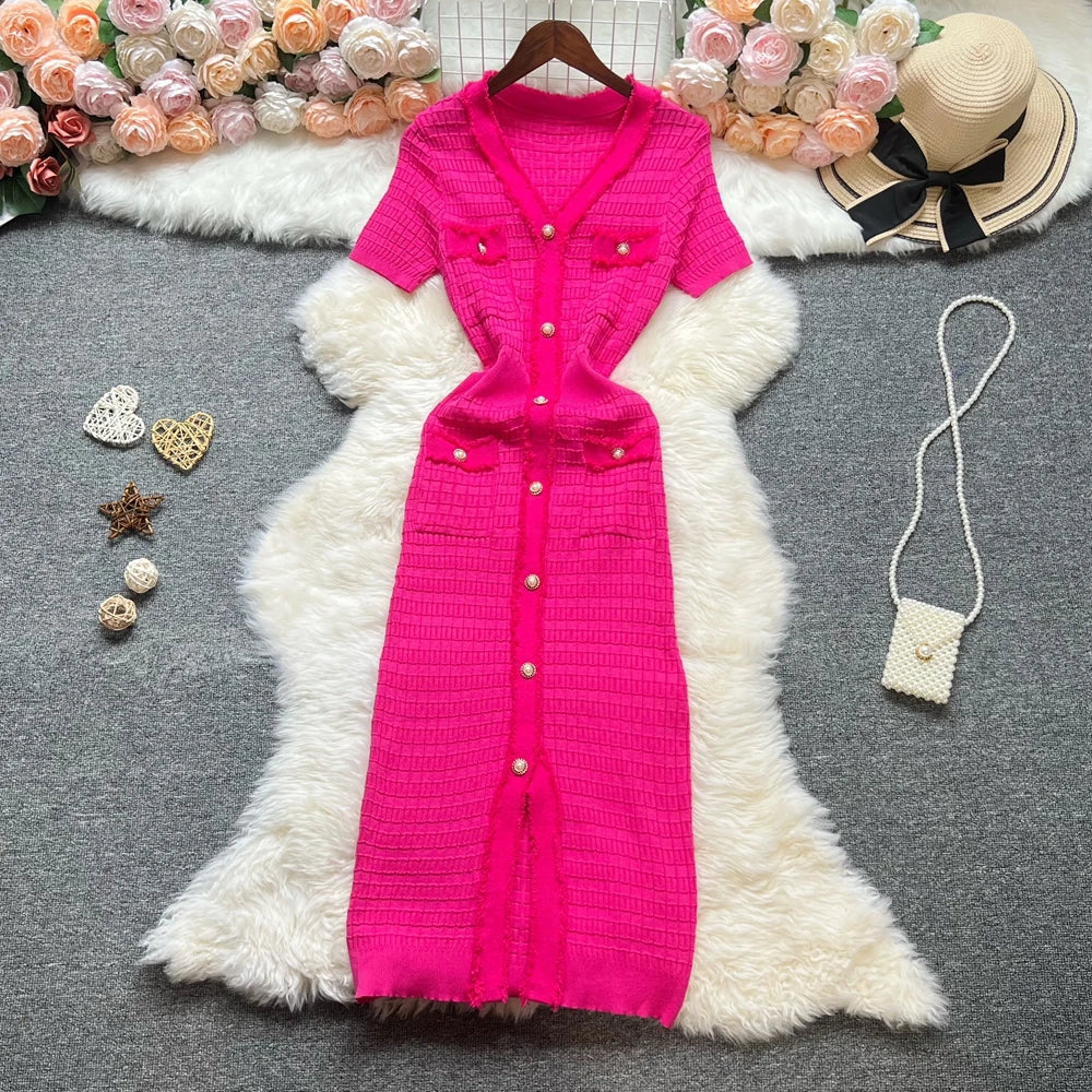 Chic Bodycon Knitted Sweater Dress for Women with V-Neck and Single-Breasted Design Elegant Office Lady Vestidos with Curved Hips