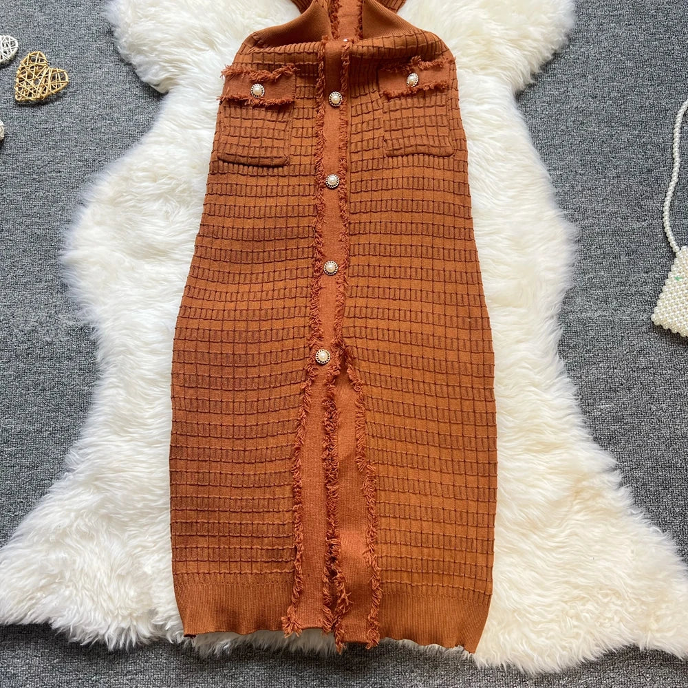 Chic Bodycon Knitted Sweater Dress for Women with V-Neck and Single-Breasted Design Elegant Office Lady Vestidos with Curved Hips