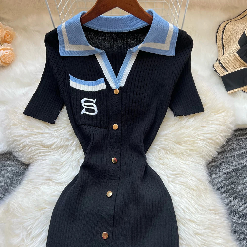 Chic Summer Knitted Dress for Women with Embroidery and Bodycon Fit Long Sweater Dress Streetwear Elegant Lady Vestidos