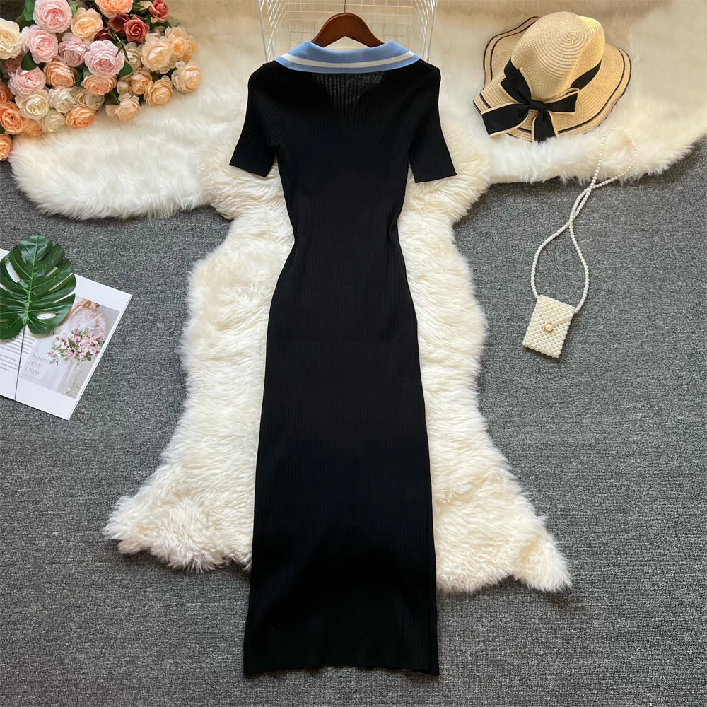 Chic Summer Knitted Dress for Women with Embroidery and Bodycon Fit Long Sweater Dress Streetwear Elegant Lady Vestidos