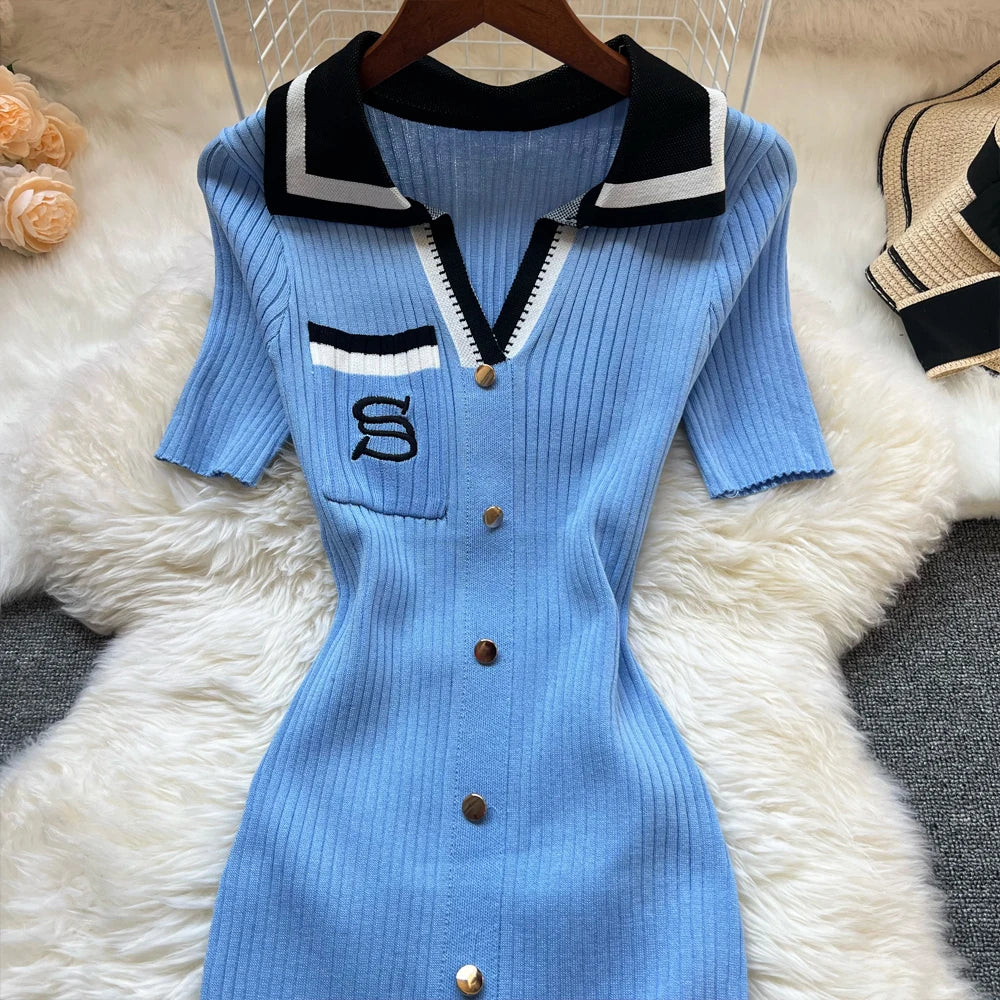 Chic Summer Knitted Dress for Women with Embroidery and Bodycon Fit Long Sweater Dress Streetwear Elegant Lady Vestidos