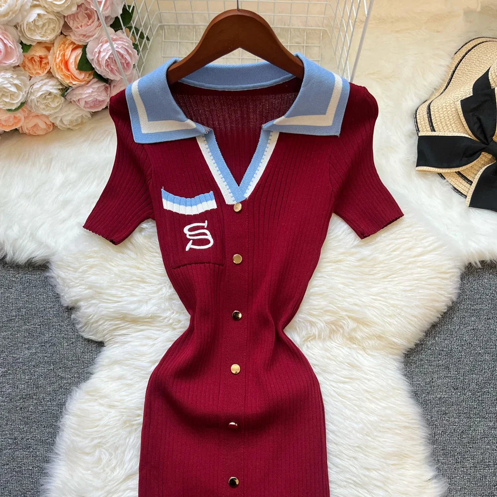 Chic Summer Knitted Dress for Women with Embroidery and Bodycon Fit Long Sweater Dress Streetwear Elegant Lady Vestidos