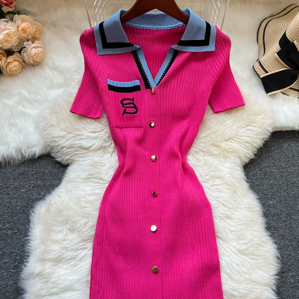 Chic Summer Knitted Dress for Women with Embroidery and Bodycon Fit Long Sweater Dress Streetwear Elegant Lady Vestidos