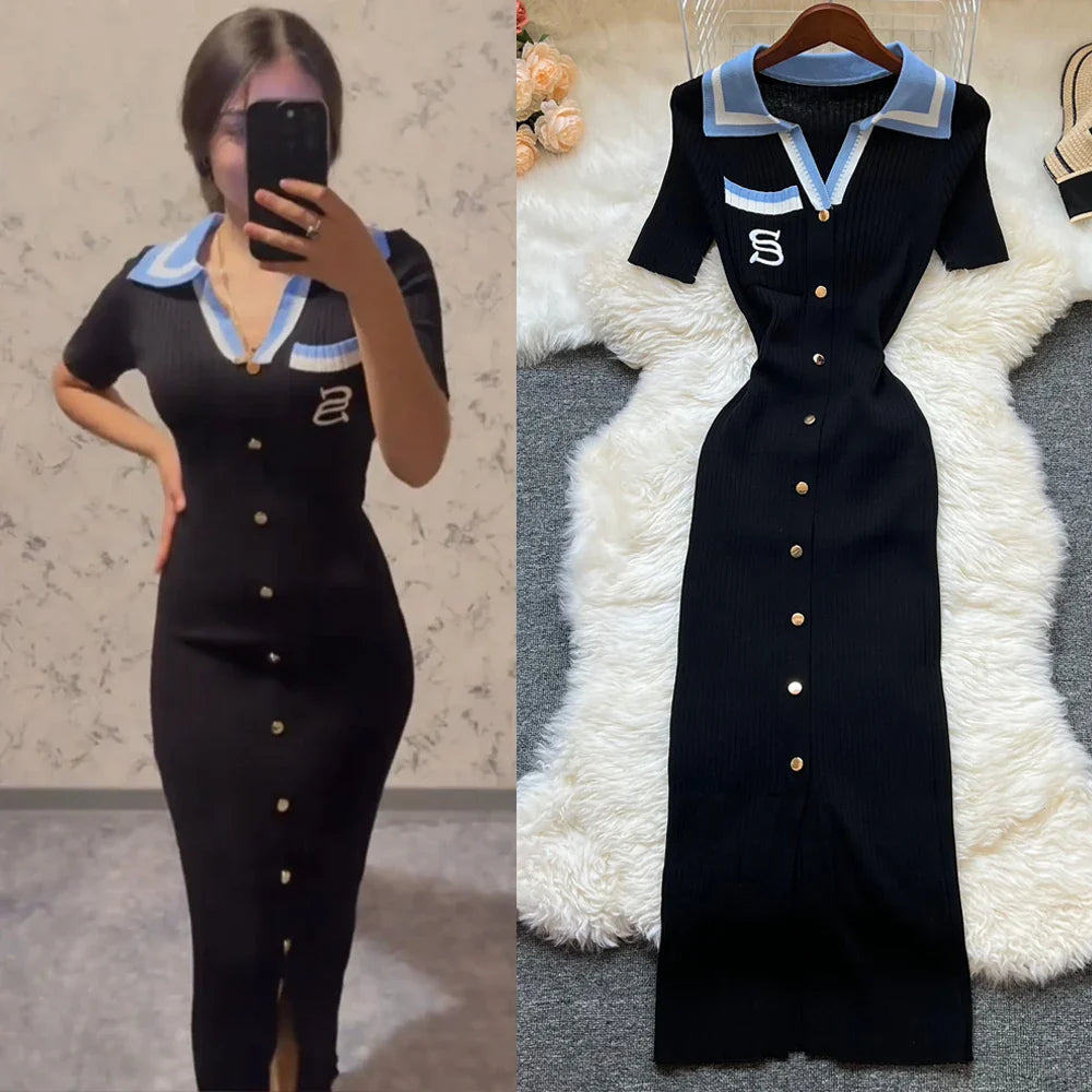 Chic Summer Knitted Dress for Women with Embroidery and Bodycon Fit Long Sweater Dress Streetwear Elegant Lady Vestidos