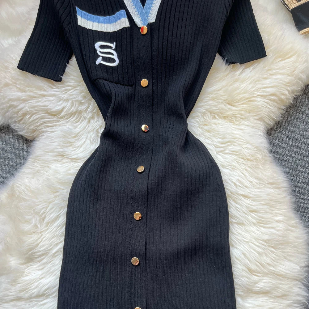 Chic Summer Knitted Dress for Women with Embroidery and Bodycon Fit Long Sweater Dress Streetwear Elegant Lady Vestidos