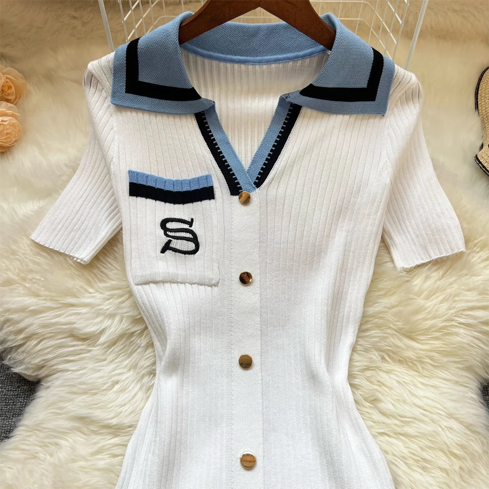 Chic Summer Knitted Dress for Women with Embroidery and Bodycon Fit Long Sweater Dress Streetwear Elegant Lady Vestidos