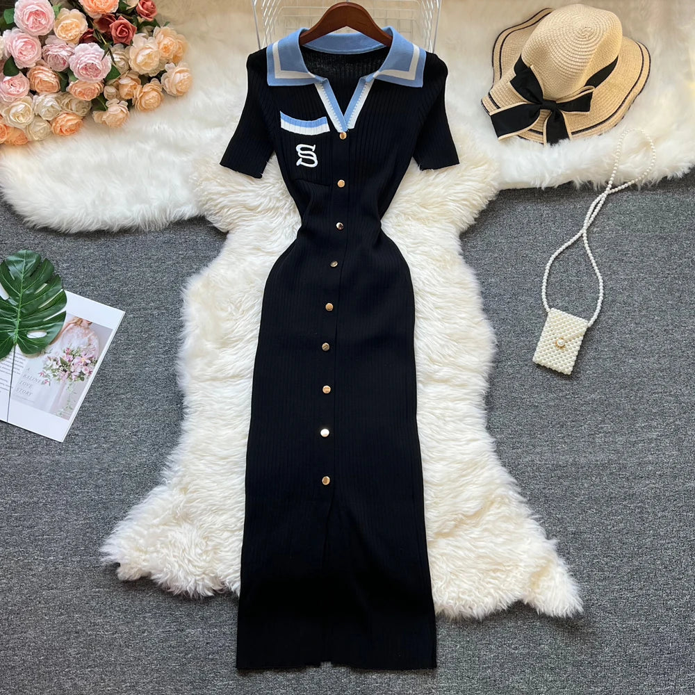 Chic Summer Knitted Dress for Women with Embroidery and Bodycon Fit Long Sweater Dress Streetwear Elegant Lady Vestidos
