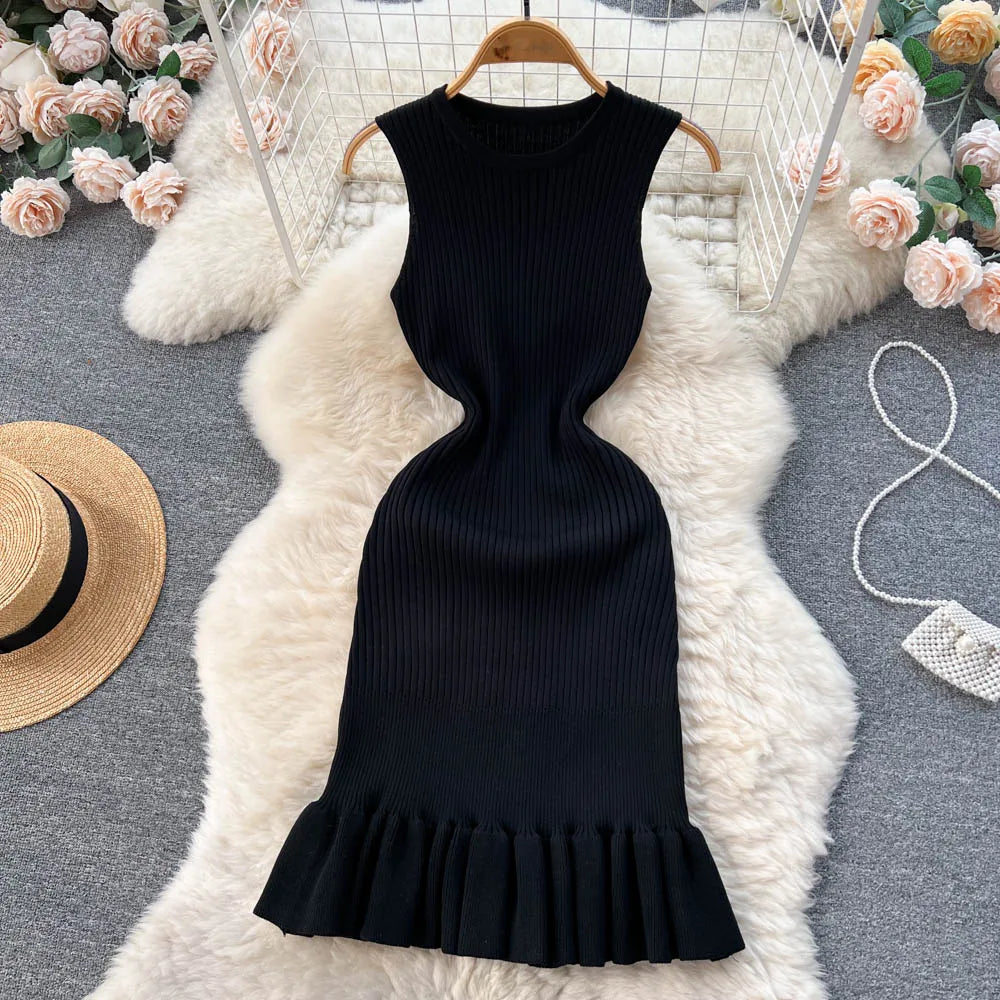 Early Autumn Sexy Ruffles Mini Dress with Hips Package for Ladies Y2K Knitted Bodycon Party Dress